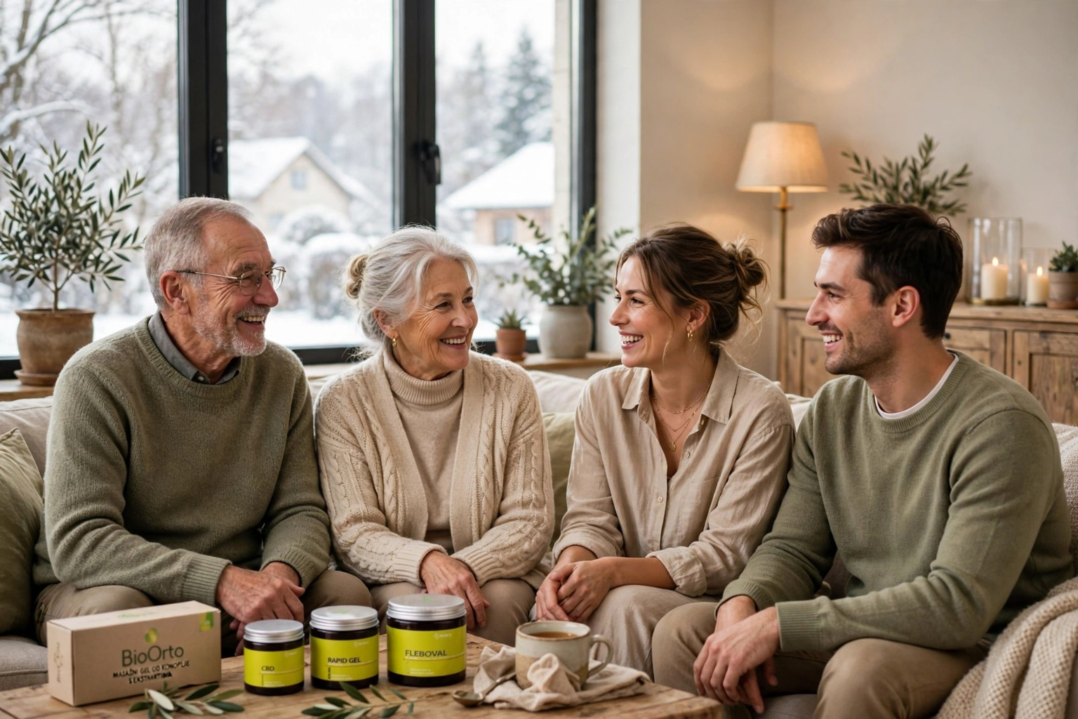 Obitelj u toplom dnevnom boravku dok vani pada snijeg, na stolu Bioorto CBD gel, Rapid gel i Fleboval gel